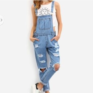 Distressed medium wash overalls